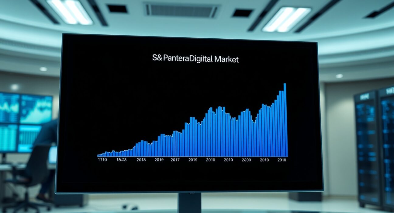 Digital display showing cryptocurrency index data in a professional financial studio setting.