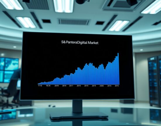 Digital display showing cryptocurrency index data in a professional financial studio setting.