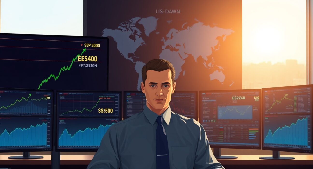 Trader monitors S&P 500 futures rebound following Hormuz Strait ceasefire news.