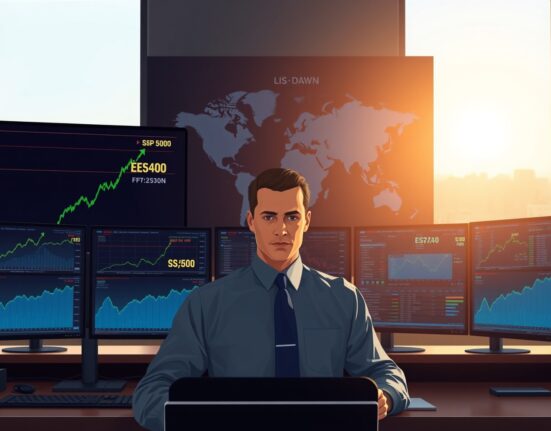 Trader monitors S&P 500 futures rebound following Hormuz Strait ceasefire news.