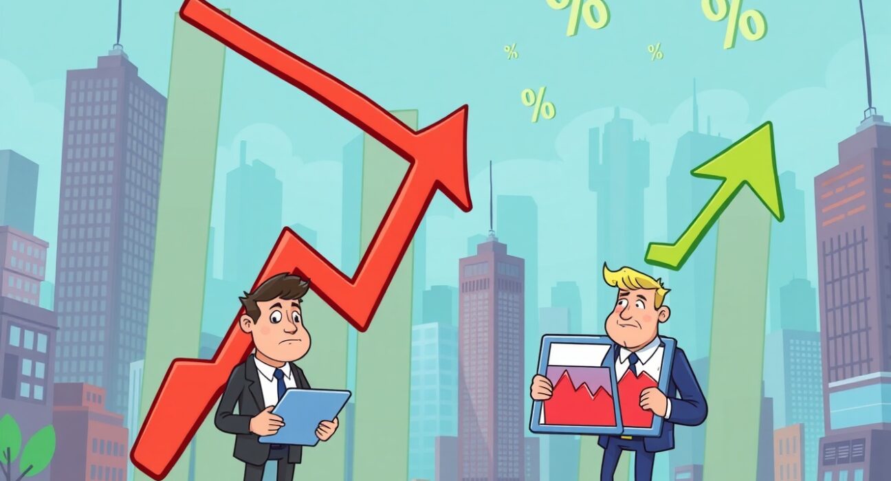 S&P 500 and Nasdaq fall depicted through dramatic cartoon stock charts showing sharp decline trends