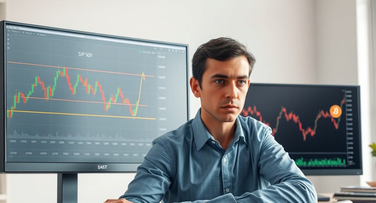 Financial analyst monitoring S&P 500 put-call skew and Bitcoin price charts, signaling market