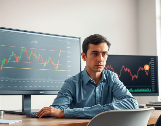 Financial analyst monitoring S&P 500 put-call skew and Bitcoin price charts, signaling market risk.