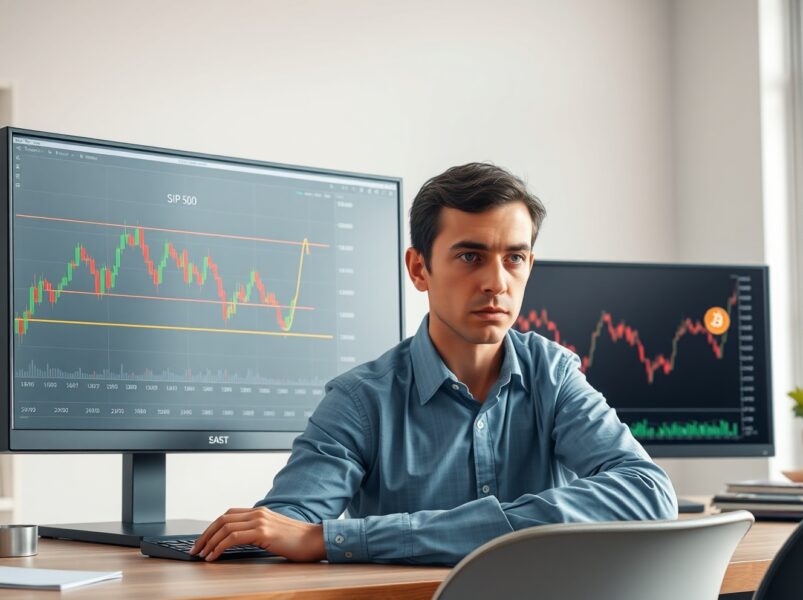 Financial analyst monitoring S&P 500 put-call skew and Bitcoin price charts, signaling market risk.