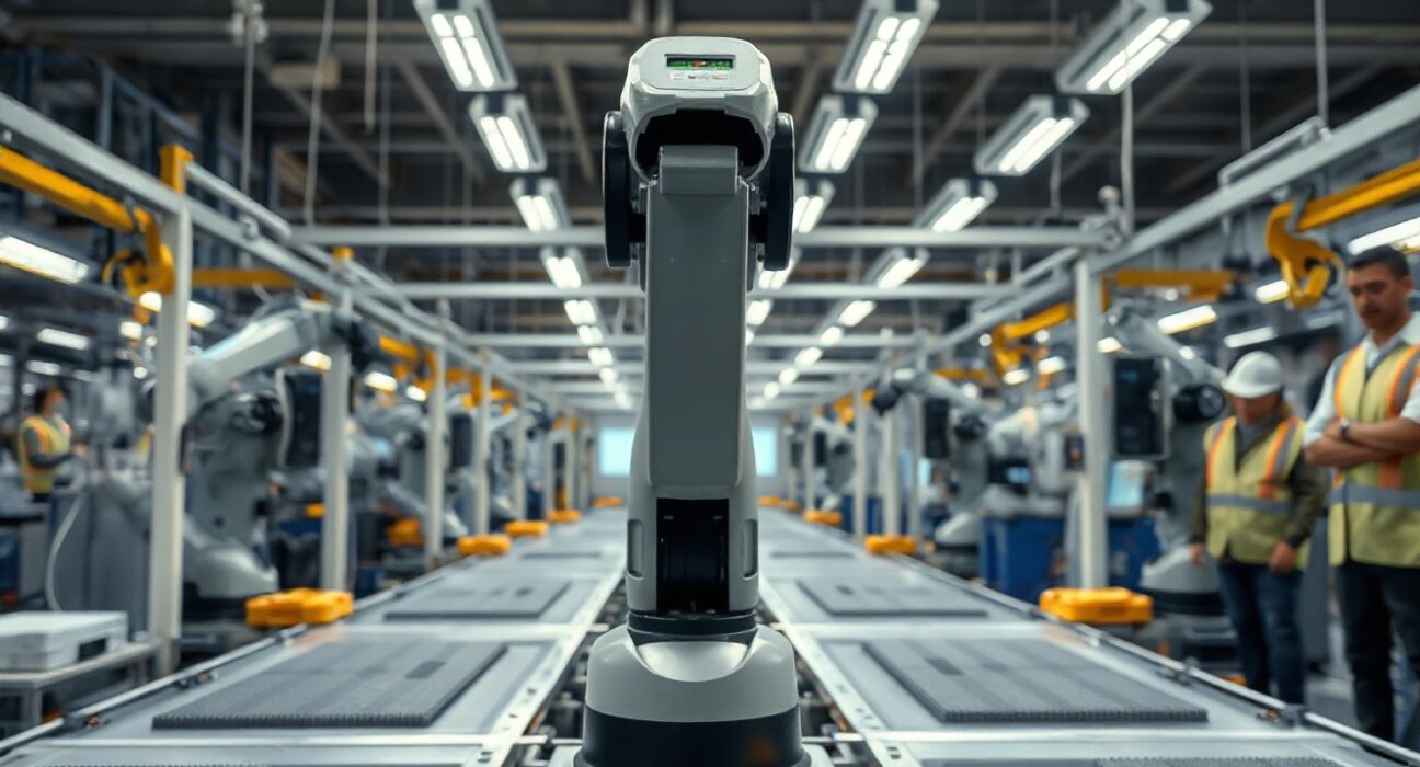 Modern factory floor with robotic arms in operation, symbolizing manufacturing growth