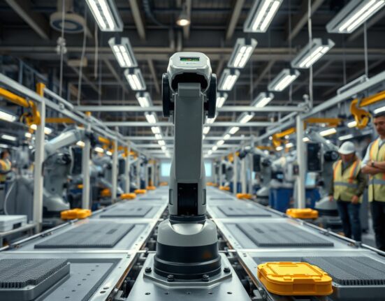 Modern factory floor with robotic arms in operation, symbolizing manufacturing growth