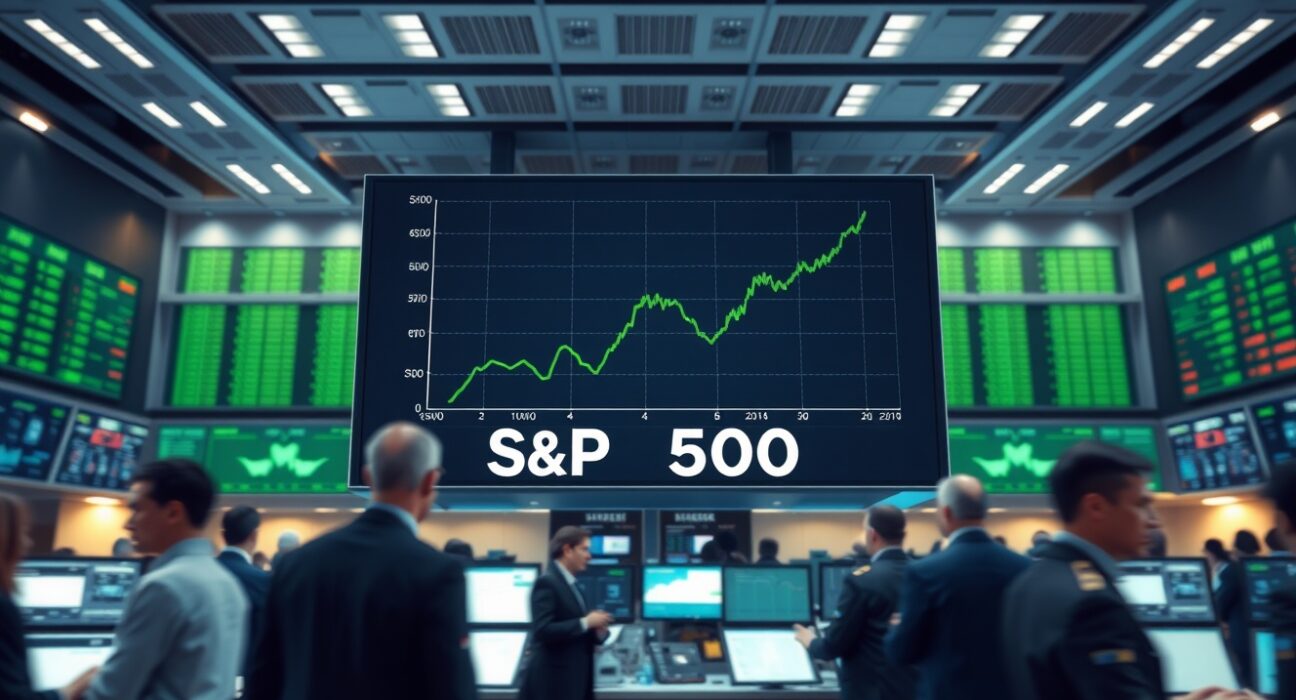 S&P 500 index chart showing a strong upward trend on a trading floor display.