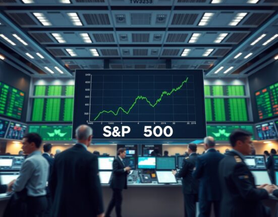 S&P 500 index chart showing a strong upward trend on a trading floor display.