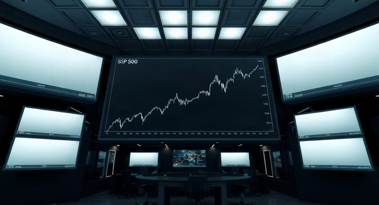 S&P 500 chart on a trading floor screen showing price consolidation between arc levels