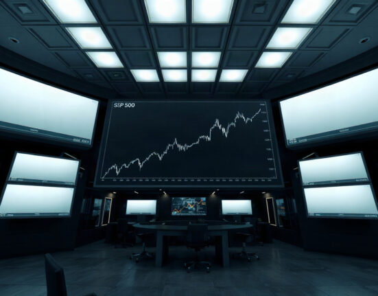 S&P 500 chart on a trading floor screen showing price consolidation between arc levels