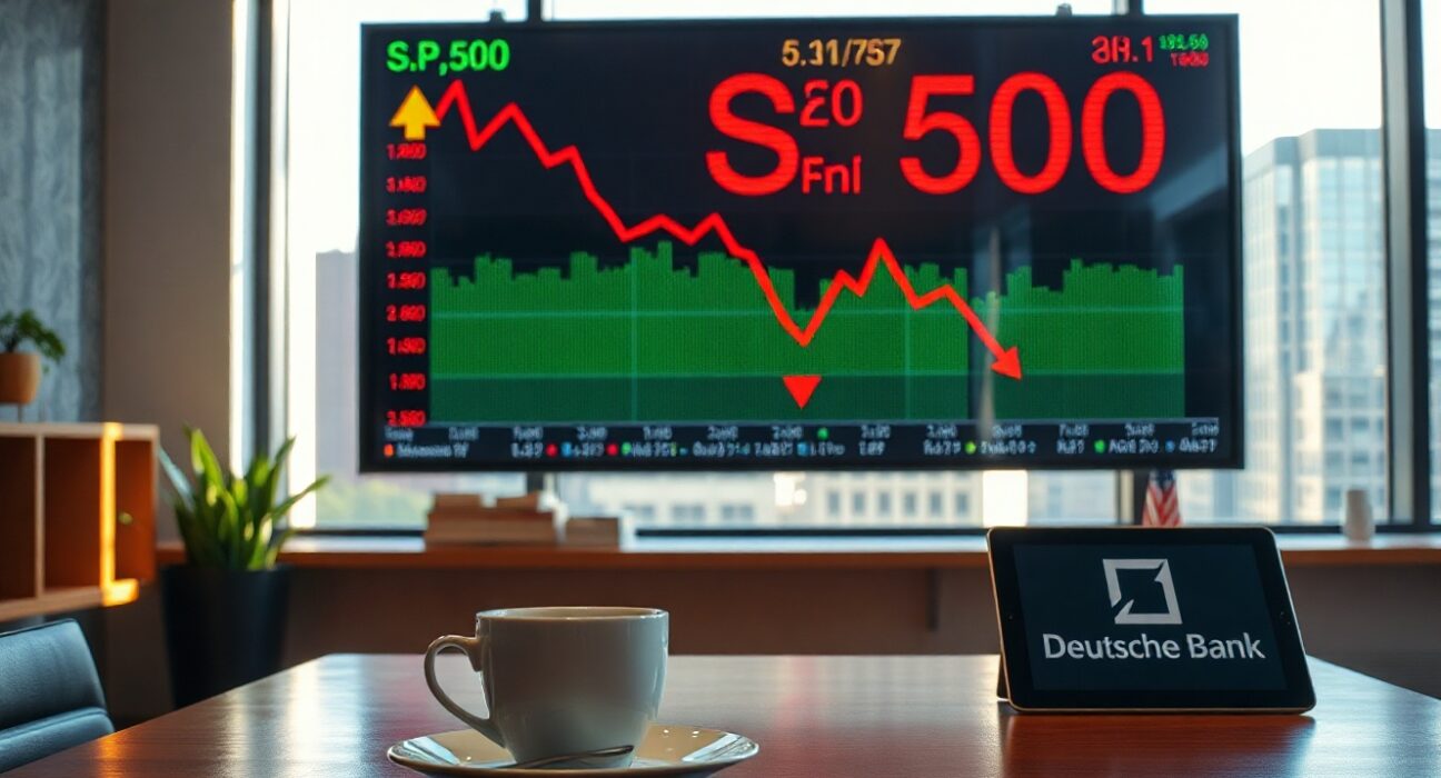 S&P 500 electronic stock board with downward trend line in modern financial office