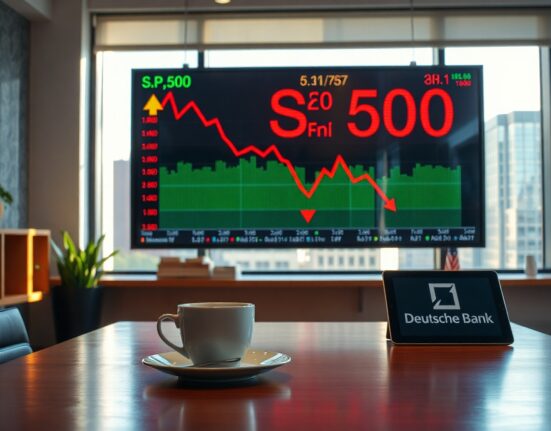 S&P 500 electronic stock board with downward trend line in modern financial office