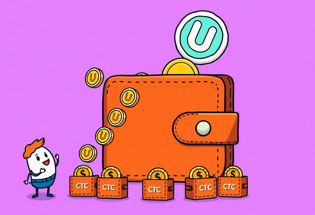 A cartoon illustration showing digital coins flowing from one wallet to another, representing the SPACE token airdrop supported by Upbit for CTC holders.