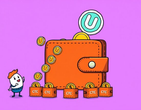 A cartoon illustration showing digital coins flowing from one wallet to another, representing the SPACE token airdrop supported by Upbit for CTC holders.