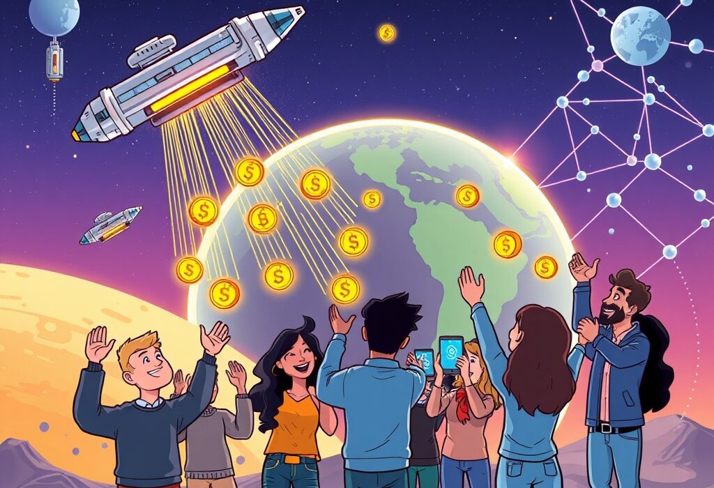 Cartoon illustration showing people receiving Spacecoin airdrop tokens from satellites, symbolizing easy participation and rewards for the Spacecoin airdrop.