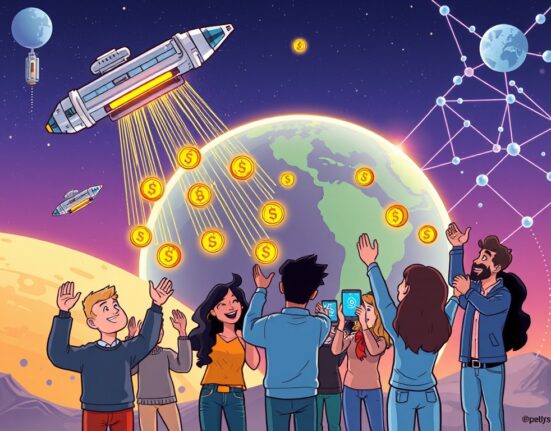 Cartoon illustration showing people receiving Spacecoin airdrop tokens from satellites, symbolizing easy participation and rewards for the Spacecoin airdrop.