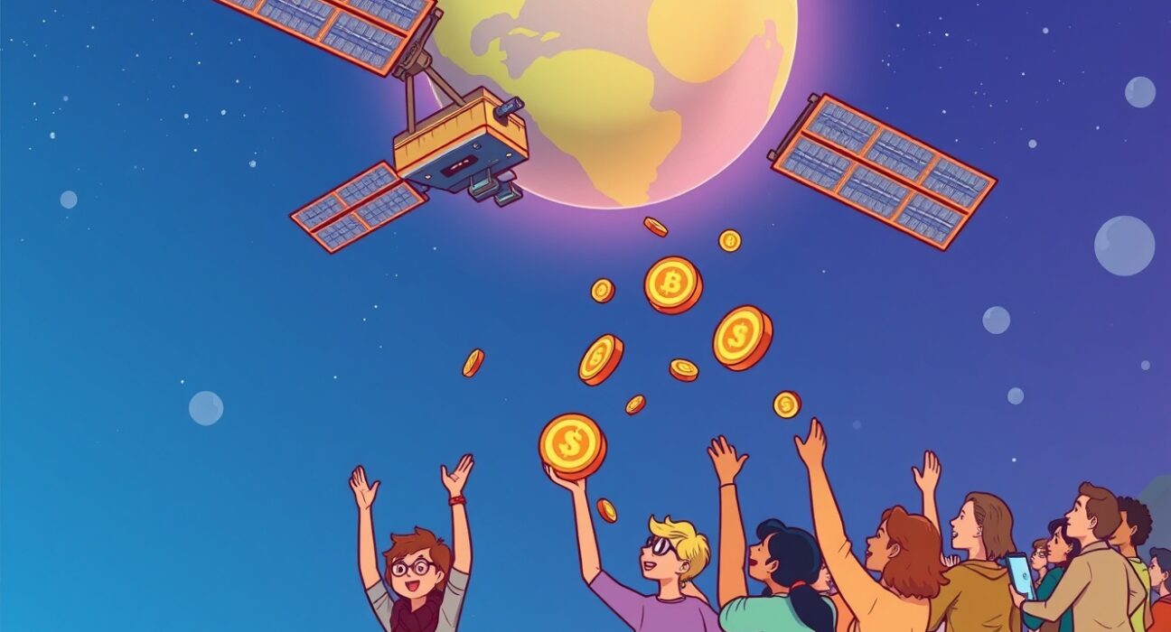 A vibrant cartoon illustrating the upcoming Spacecoin airdrop, showing satellites distributing digital tokens to eager participants below.