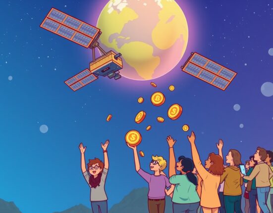 A vibrant cartoon illustrating the upcoming Spacecoin airdrop, showing satellites distributing digital tokens to eager participants below.