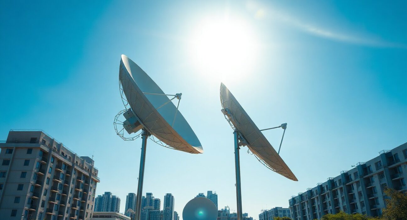 Satellite dish in a Vietnamese cityscape representing SpaceCoin and DETI partnership for decentralized satellite internet.