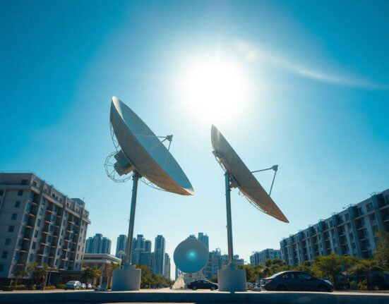 Satellite dish in a Vietnamese cityscape representing SpaceCoin and DETI partnership for decentralized satellite internet.