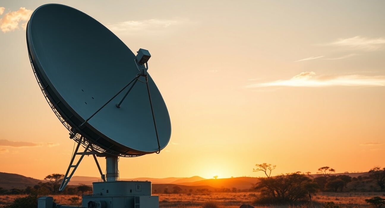 Satellite dish in South African landscape for SpaceCoin IoT proof of concept with BCX