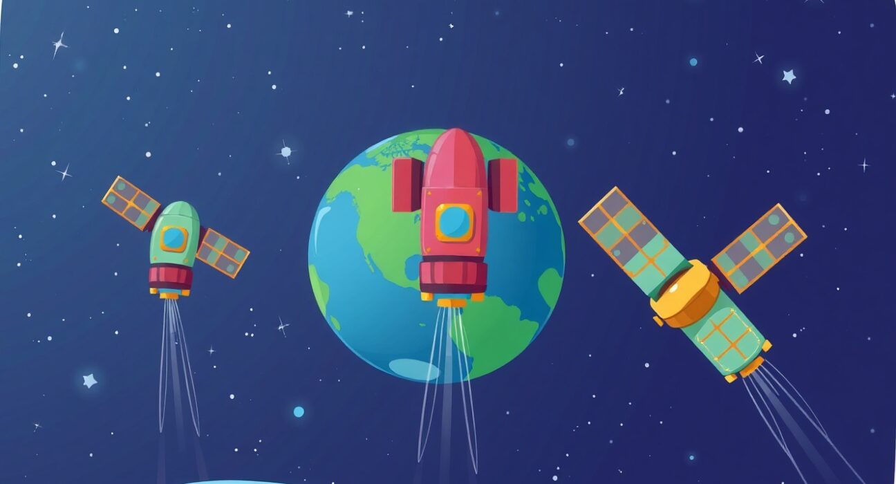 SpaceCoin satellite launch showing three satellites deploying in orbit for decentralized internet network