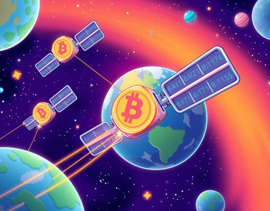 Three SpaceCoin satellites creating decentralized internet network in Earth orbit with blockchain technology