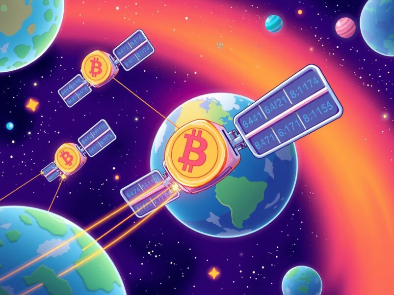 Three SpaceCoin satellites creating decentralized internet network in Earth orbit with blockchain technology