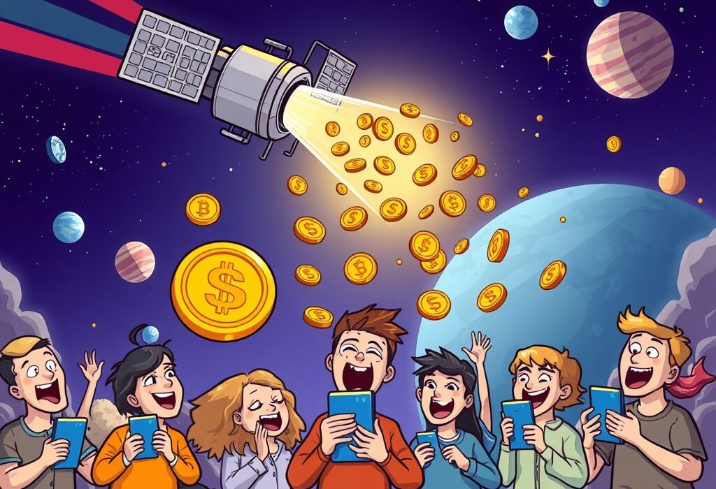 An excited community receiving crypto rewards from a satellite, symbolizing the Spacecoin snapshot and its token distribution.
