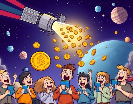 An excited community receiving crypto rewards from a satellite, symbolizing the Spacecoin snapshot and its token distribution.