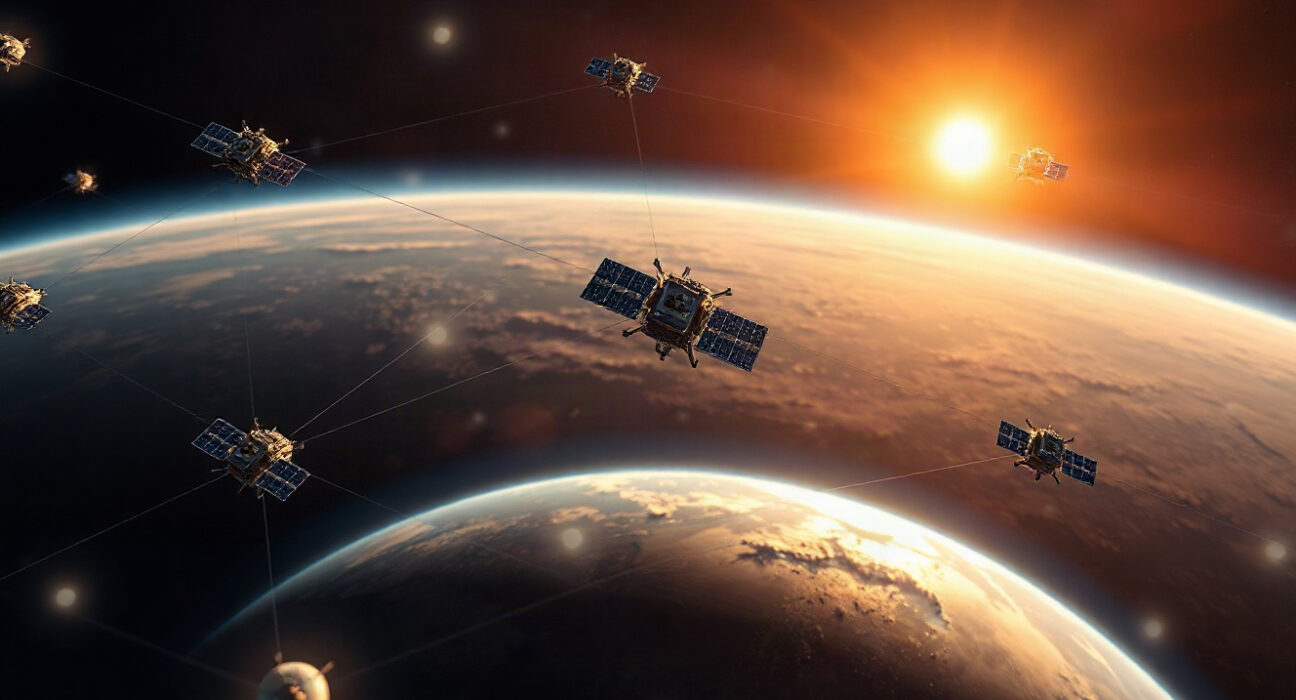 Satellite network in orbit with data lines, representing Spacecoin's decentralized internet architecture