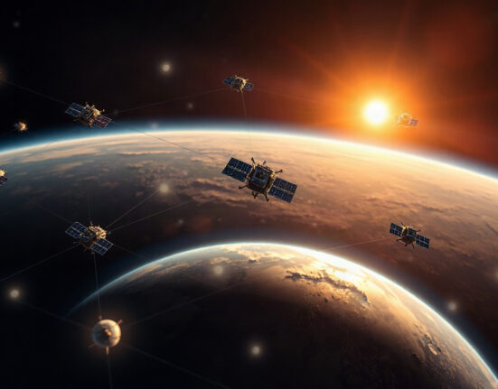 Satellite network in orbit with data lines, representing Spacecoin's decentralized internet architecture
