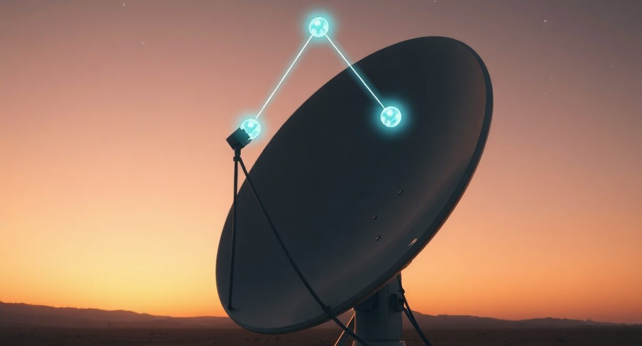 Satellite dish with three encrypted relay nodes in the sky representing SpaceRouter Onion decentralized privacy architecture