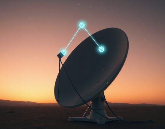 Satellite dish with three encrypted relay nodes in the sky representing SpaceRouter Onion decentralized privacy architecture