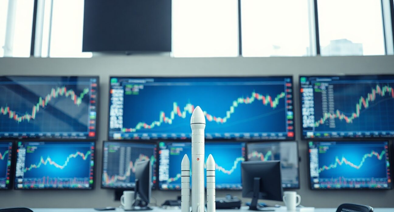 Trading screens showing stock charts with a SpaceX rocket model in the foreground