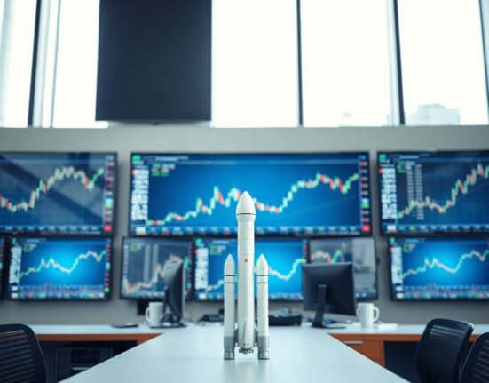 Trading screens showing stock charts with a SpaceX rocket model in the foreground
