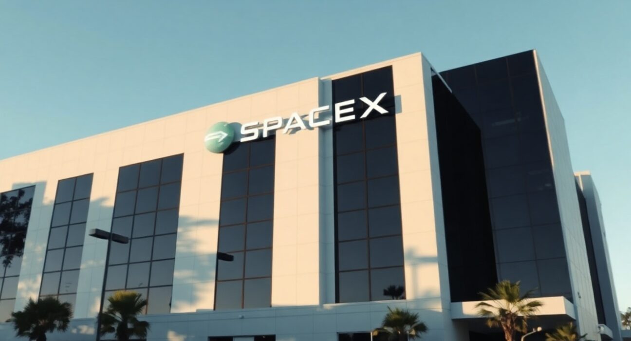Exterior of SpaceX headquarters in Hawthorne, California, with subtle digital code overlay representing AI acquisition