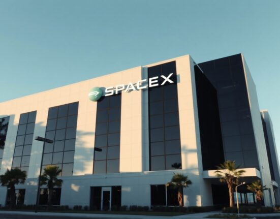 Exterior of SpaceX headquarters in Hawthorne, California, with subtle digital code overlay representing AI acquisition