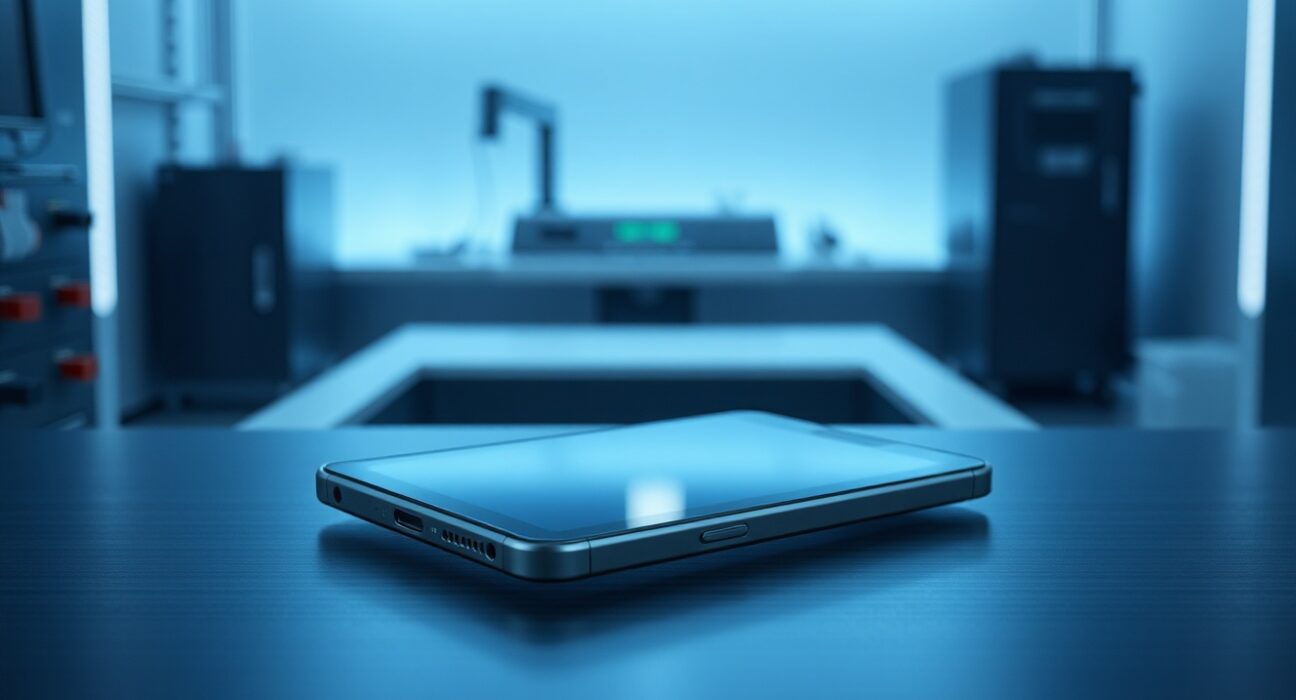 Sleek, thin handset-like AI device prototype on a metal surface in a modern tech lab.