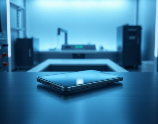 Sleek, thin handset-like AI device prototype on a metal surface in a modern tech lab.