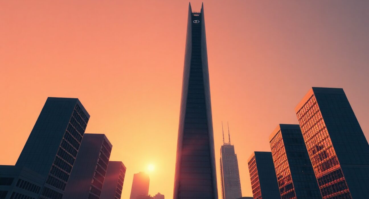Sunrise over city skyline with towers representing SpaceX, Anthropic, and OpenAI