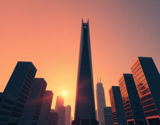 Sunrise over city skyline with towers representing SpaceX, Anthropic, and OpenAI