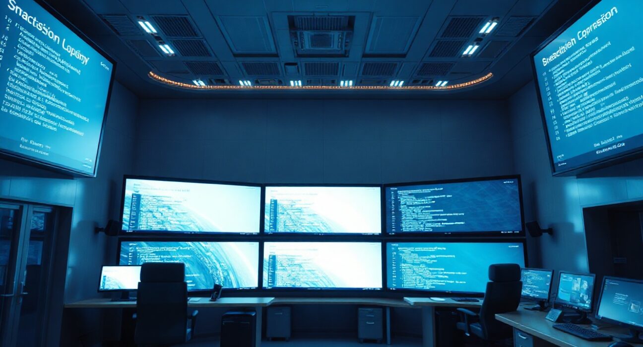SpaceX mission control room with AI coding interfaces on large screens representing the merger with Anysphere.