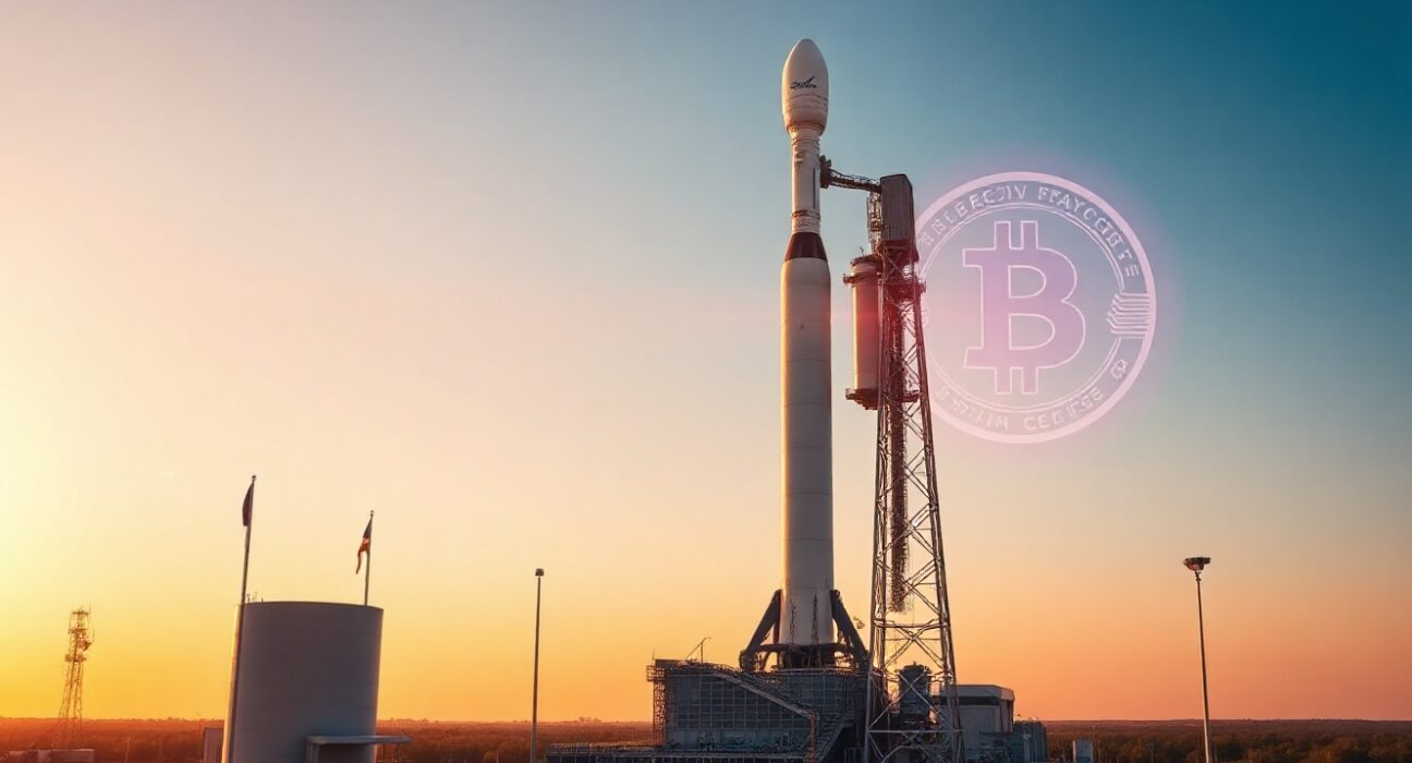 SpaceX rocket on launch pad at sunrise with holographic Bitcoin symbol in sky
