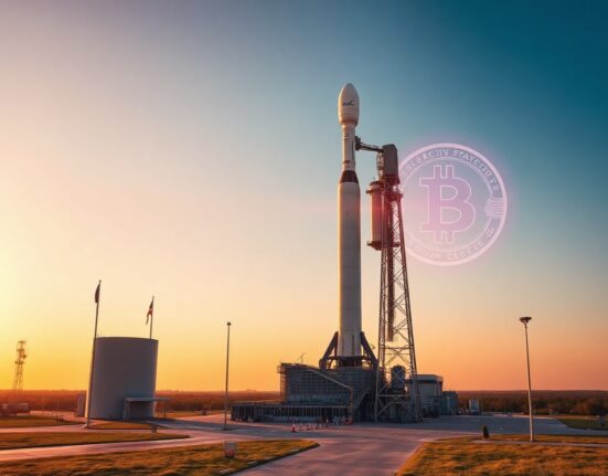 SpaceX rocket on launch pad at sunrise with holographic Bitcoin symbol in sky