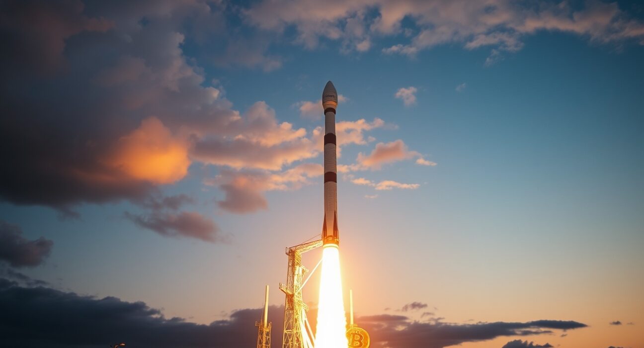 SpaceX Falcon 9 rocket launch with a faint Bitcoin symbol in the sky, representing the company's cryptocurrency holdings.