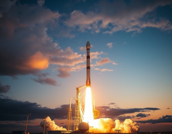 SpaceX Falcon 9 rocket launch with a faint Bitcoin symbol in the sky, representing the company's cryptocurrency holdings.