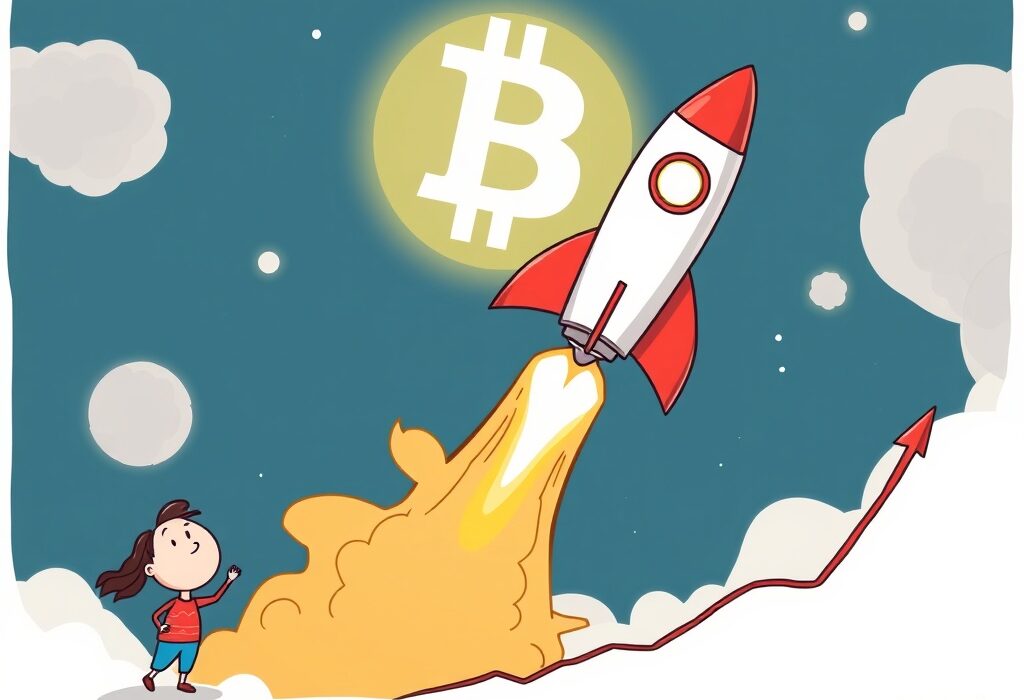 A cartoon rocket with a Bitcoin symbol, illustrating SpaceX Bitcoin holdings reaching a billion-dollar investment milestone.