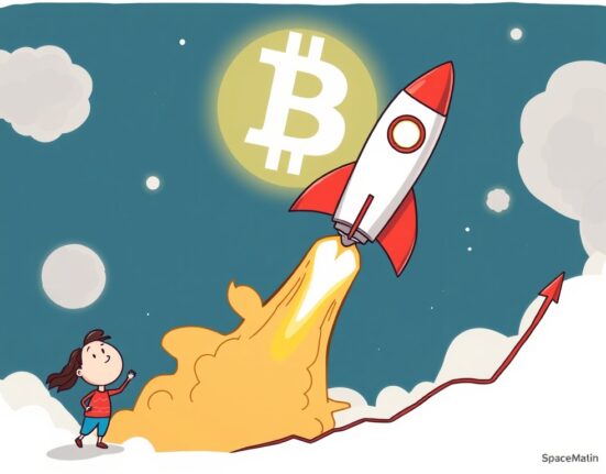 A cartoon rocket with a Bitcoin symbol, illustrating SpaceX Bitcoin holdings reaching a billion-dollar investment milestone.