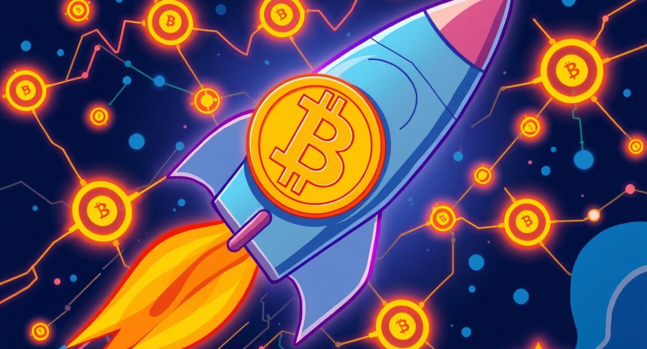 SpaceX Bitcoin transfer depicted as a rocket carrying cryptocurrency through a digital financial network